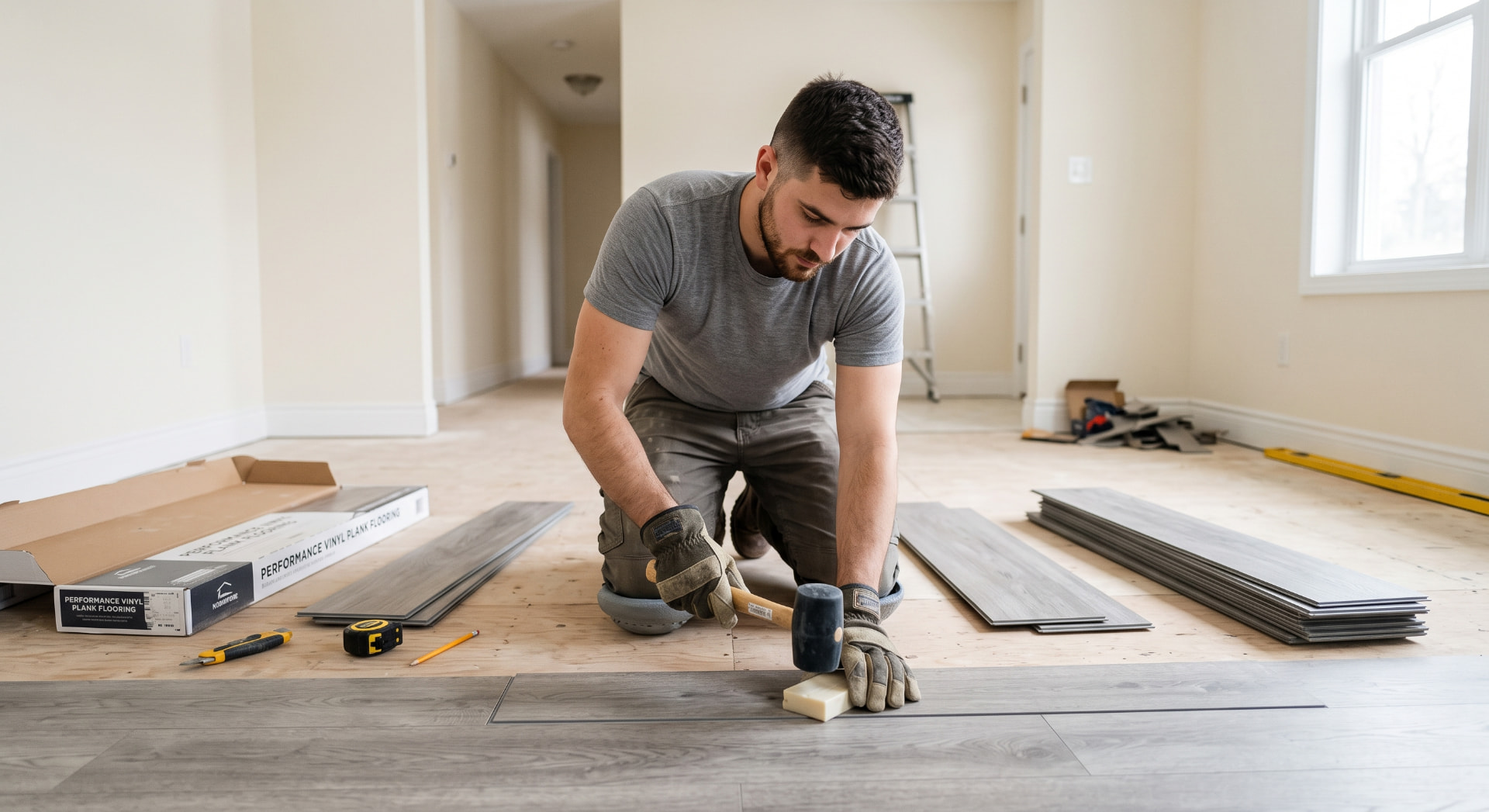 Professional installer laying vinyl plank flooring in a home
