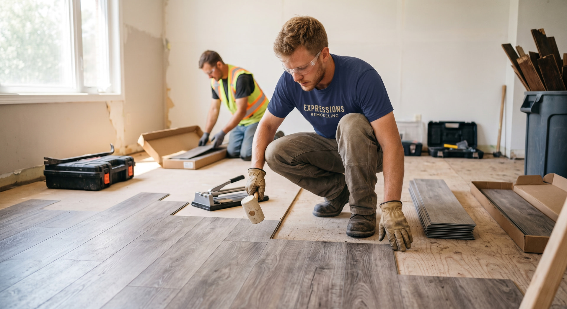 Expressions Remodeling installer laying new vinyl plank flooring