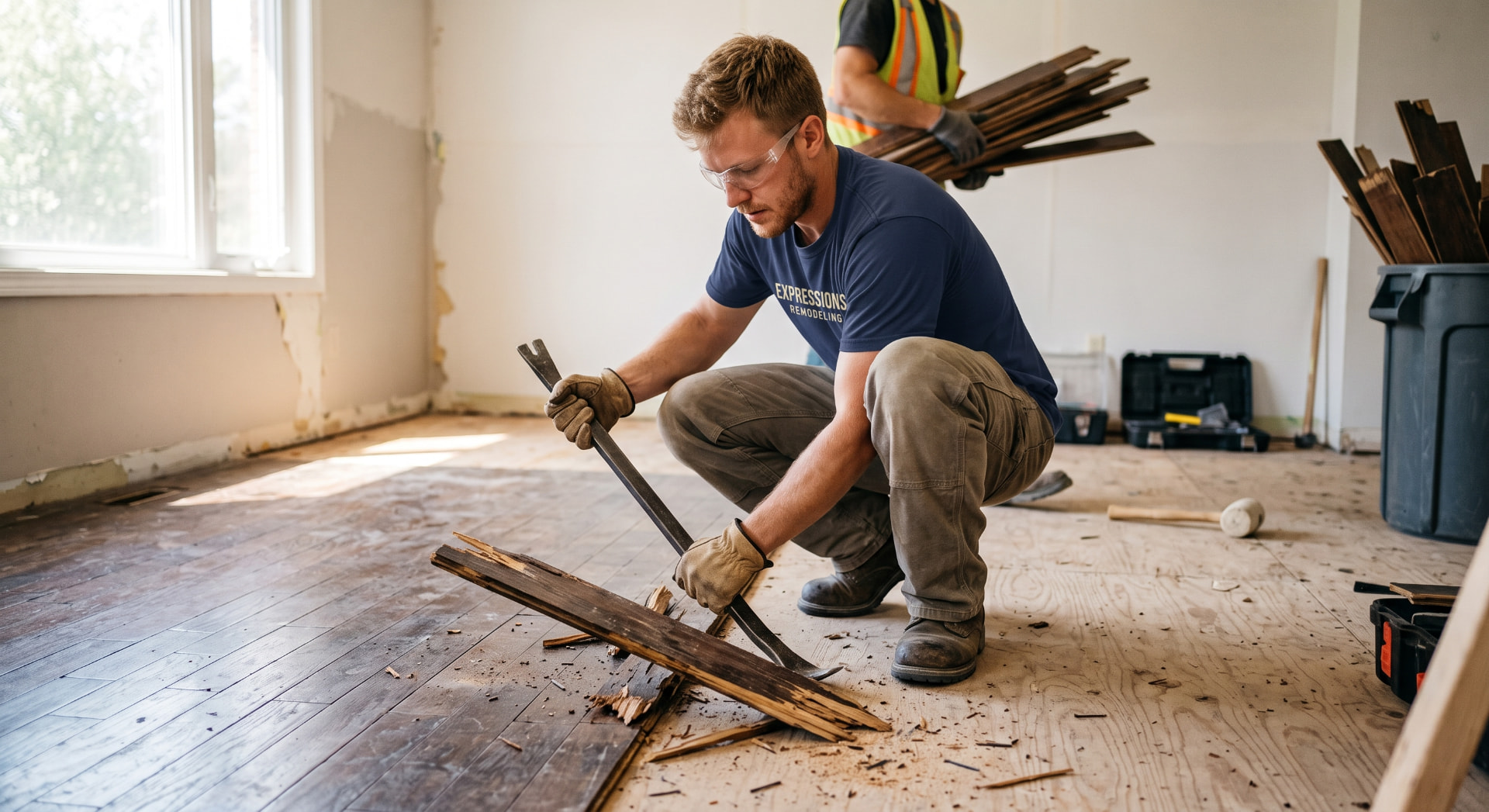 Expressions Remodeling crew removing an old wood floor before vinyl installation